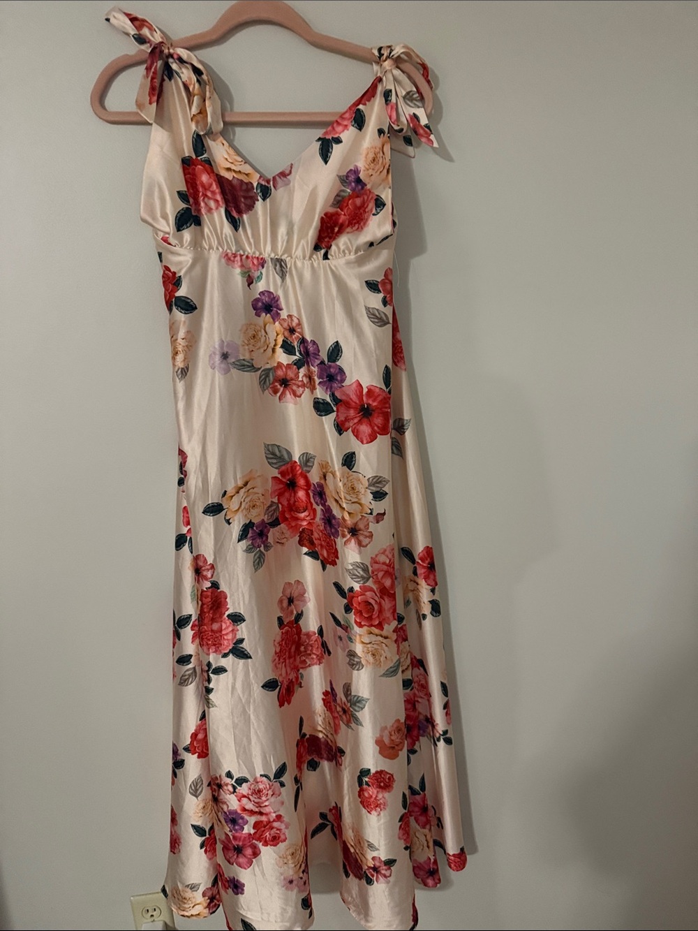 Floral Tie-Shoulder Satin Maxi Dress - Cream with Red & Purple Flowers
